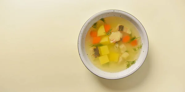 Läcker gryta soppa med kött och grönsaker serveras i en vit skål över ljusa pastellgul bakgrund. Hälsosam kost. — Stockfoto