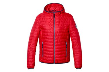 Fermuarlı ceketi kapat. Kırmızı sonbahar ya da bahar ceketi. Boşluğu kopyala, izole.