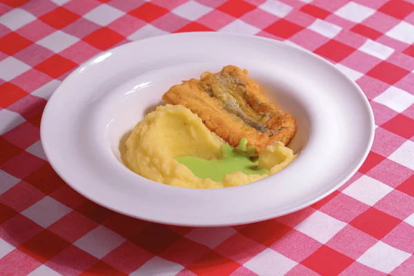 Stekt fisk med potatismos och sås serveras på en vit tallrik över röd rutig duk. — Stockfoto