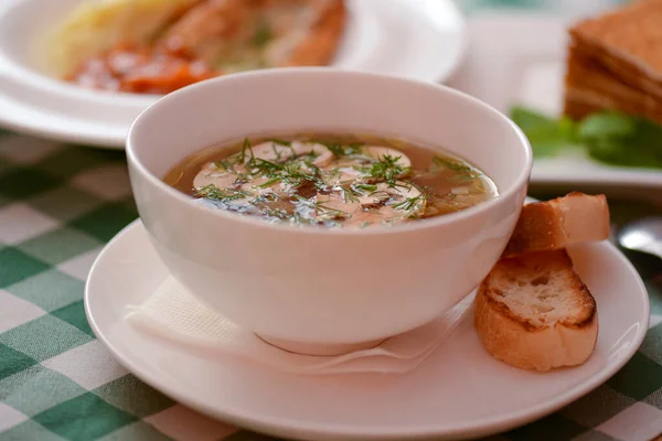 Sopa de frango com legumes e carne servida em uma tigela branca sobre fundo de madeira rústica com toalha de mesa verde xadrez . — Fotografia de Stock