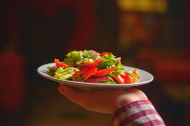 Garson sulu domatesli sebze salatası, marul, turp ve salatalık servis ediyor. Restoran servisi..