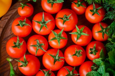 Taze organik yeşillikle sunulmuş taze domatesler. Sebze, dereotu, maydanoz. Sağlıklı beslenme.