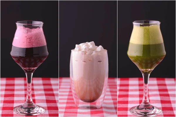 Colagem de três coquetéis. Deliciosas bebidas doces em copos. Coleção de bebidas. Batidos saudáveis de frutas . — Fotografia de Stock