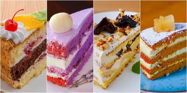 Collage of different pieces of cake. Fruit cake, honey pie, vanilla and chocolate cake. Collection of sweet desserts.