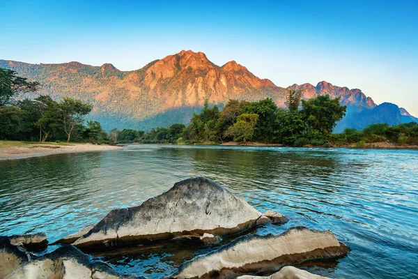 Beautiful Mountain Landscape Morning Time Song River Vangvieng Laos Лицензионные Стоковые Фото