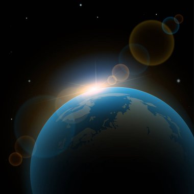 Ray cosmos dünya üzerinde güneş ışığı. Vektör arka plan