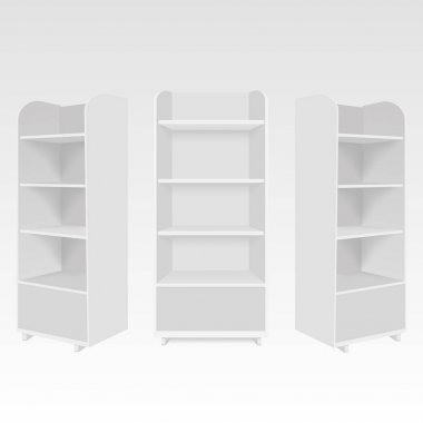 Boş boş vitrin ekran perakende raflarında. Vektör tasarımlarınız için hazır şablon kadar sahte