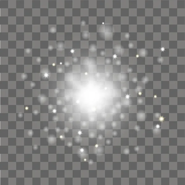 白色闪亮的星星在透明的背景上闪烁着特殊的灯光效果。矢量 — 图库矢量图片