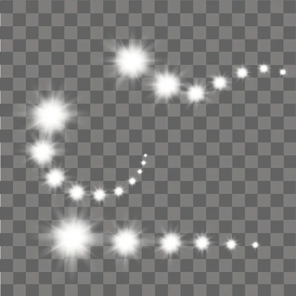 Bílá zářící hvězdy, světla a jiskří na průhledném pozadí. Vektor — Stockový vektor