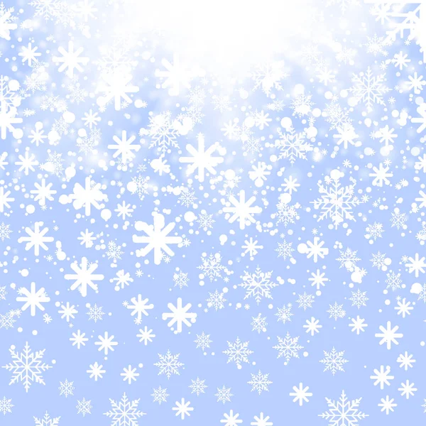 Queda de neve brilhante ou flocos de neve no fundo azul. Vetor — Vetor de Stock