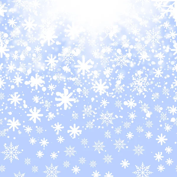 Caída de nieve brillante o copos de nieve sobre fondo azul. Vector — Archivo Imágenes Vectoriales