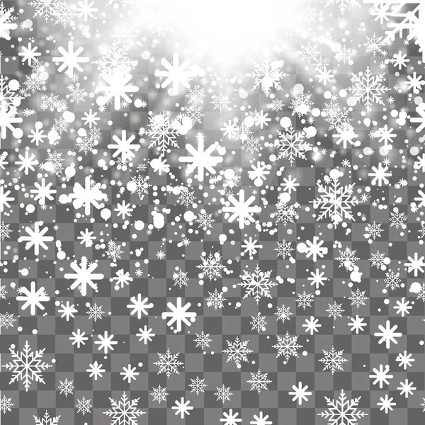 Queda de neve brilhante ou flocos de neve em fundo transparente. Vetor — Vetor de Stock