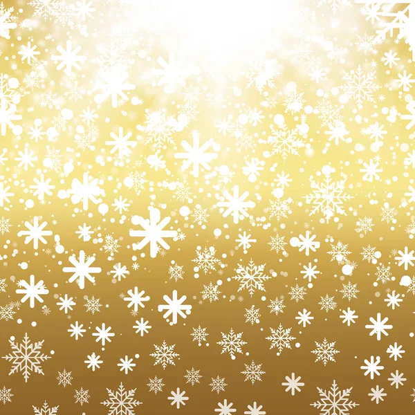 Chute de neige brillante ou de flocons de neige sur fond doré. Vecteur — Image vectorielle