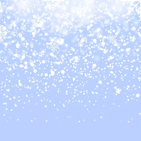 Caída de nieve brillante o copos de nieve sobre fondo azul. Vector — Vector de stock