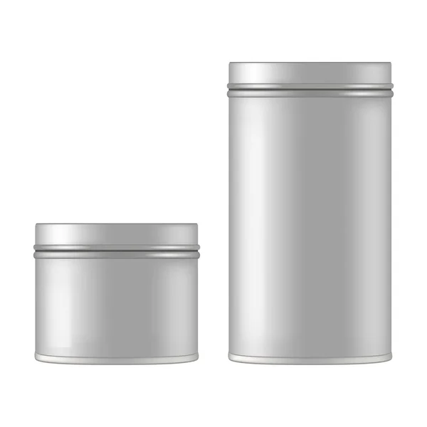 Mock up of round metal tin can for gift. Vector isolated on white background. — Stock Vector