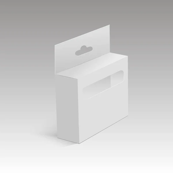Branco simular caixa de embalagem do produto com janela de plástico para lápis, canetas. Vetor — Vetor de Stock