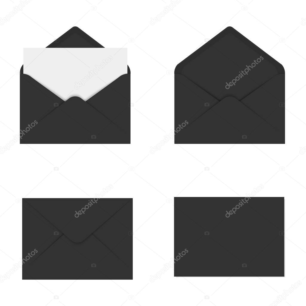 Realistic black mockup envelope for letter or invitation card. Vector