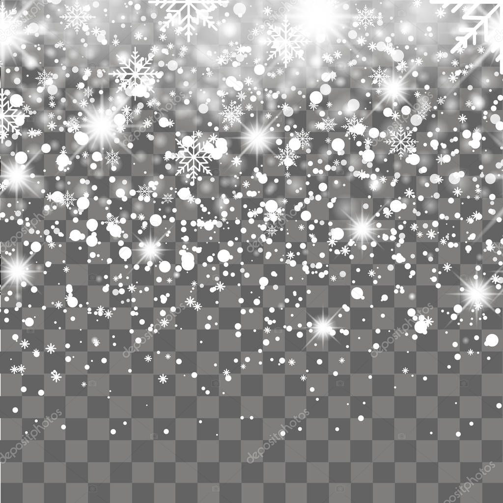 Falling shining snow or snowflakes on transparent background. Vector