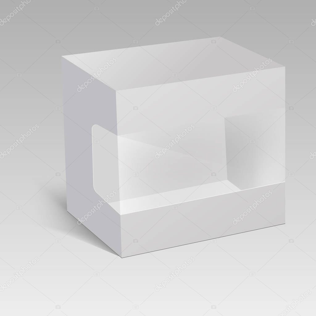 Blank vertical paper box packaging for sandwich, food, gift or other products with plastic window. Vector illustration.