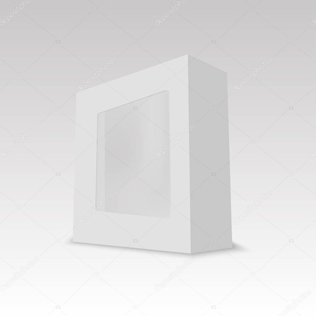 Blank vertical paper box packaging for sandwich, food, gift or other products with plastic window. Vector illustration.