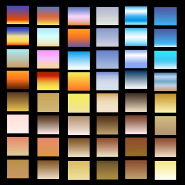 Gökyüzü günbatımı ve gündoğumu ve diğer gradyanlar vektör kümesi. Bir dizi arka planlar.