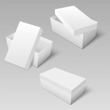 Beyaz kare karton ya da kağıt kapak kutusu mockup paketiyle. Vektör.