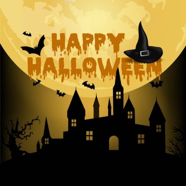 Halloween geceler arka plan perili ev, ağaç, kabak ve yarasalar. Vektör