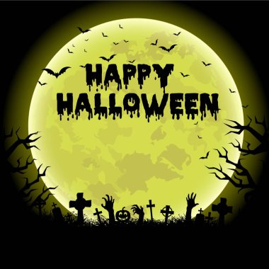 Halloween geceler arka plan perili ev, ağaç, kabak ve yarasalar. Vektör