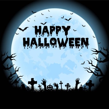 Halloween geceler arka plan perili ev, ağaç, kabak ve yarasalar. Vektör