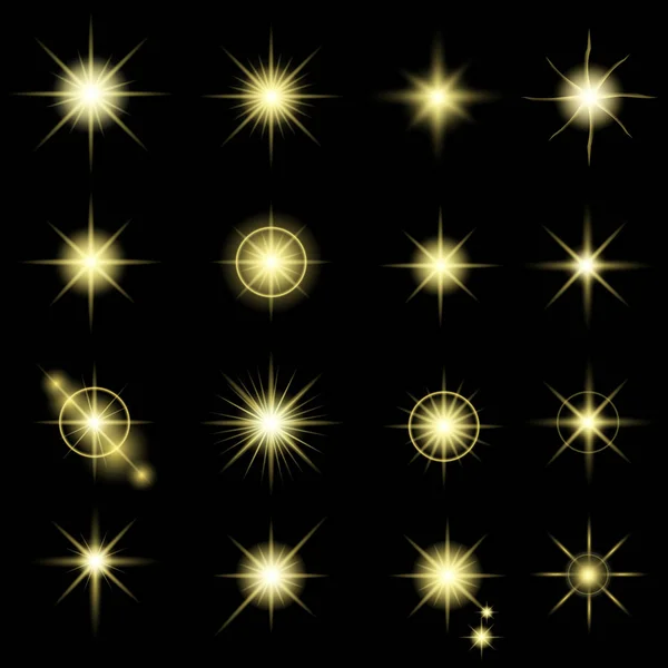 Set di stelle effetto luce bagliore esplode con scintille su sfondo nero. Vettore — Vettoriale Stock