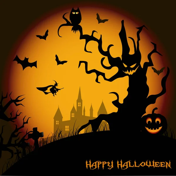 Fondo de noche de Halloween con casa embrujada, árbol, calabaza y murciélagos. Vector — Vector de stock