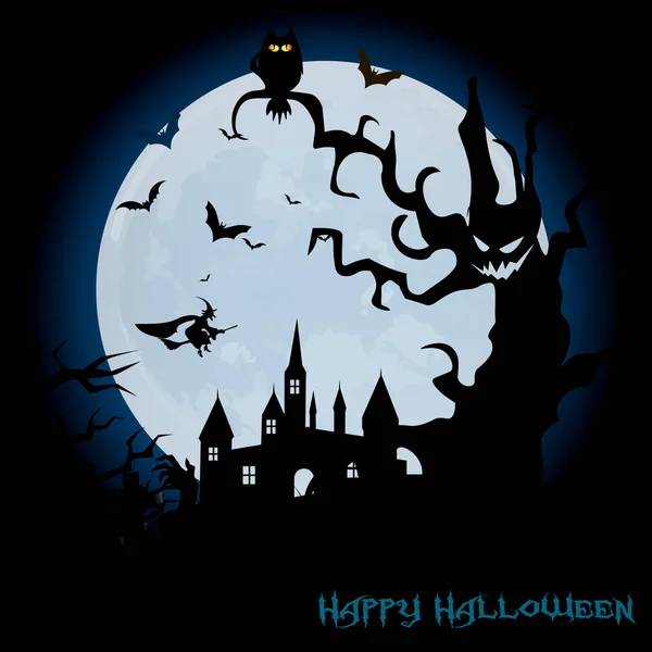 Fond nuit Halloween avec maison hantée, arbre, citrouille et chauves-souris. Vecteur — Image vectorielle