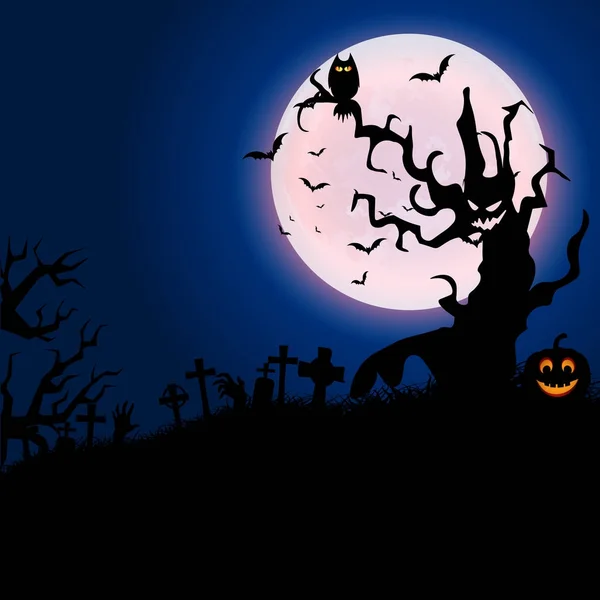 Halloween nacht achtergrond met spookhuis, boom, pompoen en vleermuizen. Vector — Stockvector