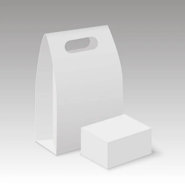 El blanco se burla del rectángulo de cartón en blanco para llevar el paquete de la caja de almuerzo de la manija para el emparedado, la comida u otros productos. Vector — Archivo Imágenes Vectoriales