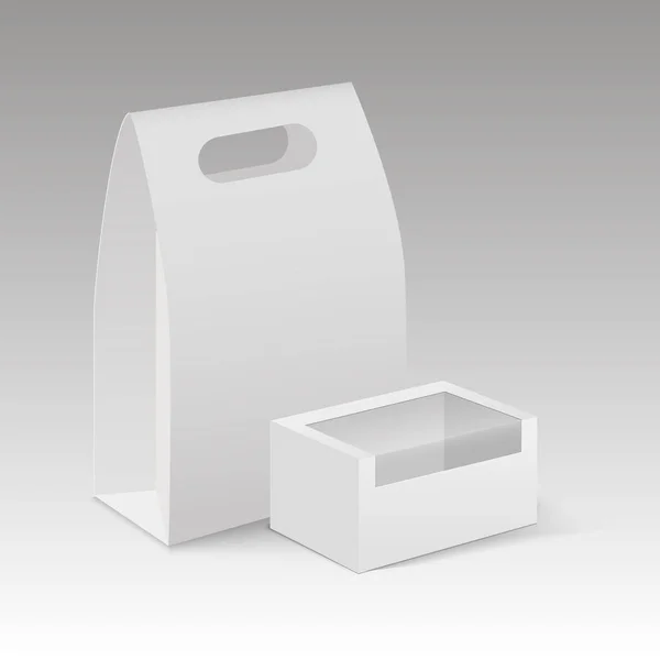 El blanco se burla del rectángulo de cartón en blanco para llevar el paquete de la caja de almuerzo de la manija para el emparedado, la comida u otros productos. Vector — Archivo Imágenes Vectoriales