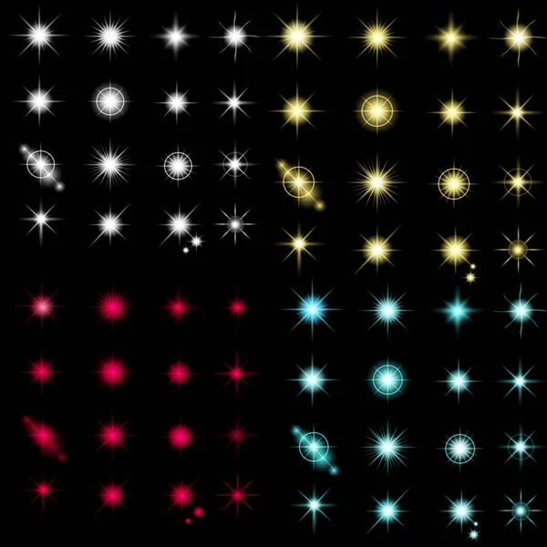 Ensemble d'étoiles à effet de lumière brillante éclate avec des étincelles sur fond transparent — Image vectorielle