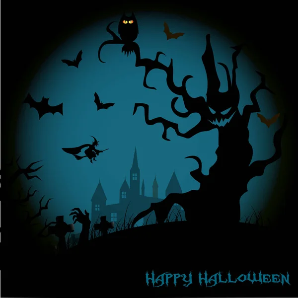 Fondo de noche de Halloween con casa embrujada, árbol, calabaza y murciélagos. Vector — Vector de stock