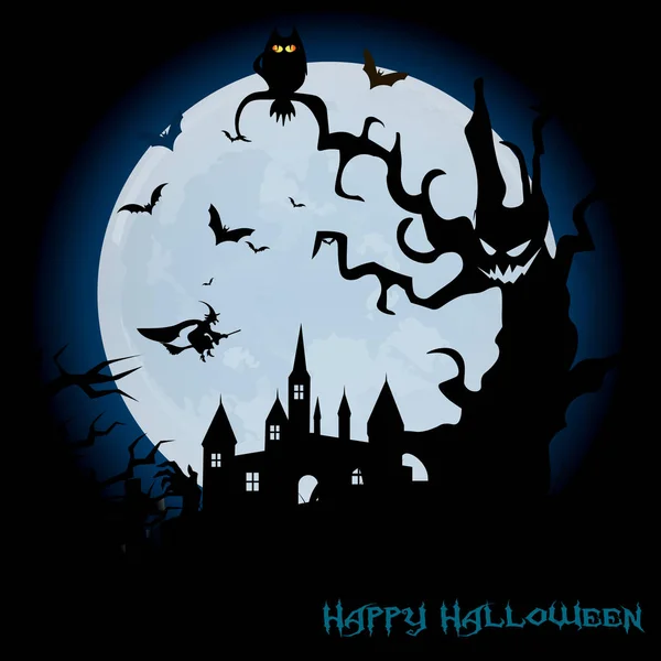 Fondo de noche de Halloween con casa embrujada, árbol, calabaza y murciélagos. Vector — Vector de stock