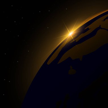 Uzaydan gelen şafak. Uzaydan gelen şafak. Dünya 'nın arkasında yükselen güneş. Vektör arkaplanı.