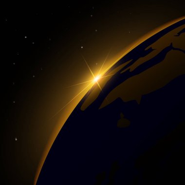 Uzaydan gelen şafak. Uzaydan gelen şafak. Dünya 'nın arkasında yükselen güneş. Vektör arkaplanı.