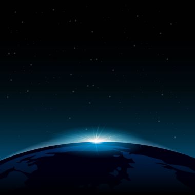 Uzaydan gelen şafak. Uzaydan gelen şafak. Dünya 'nın arkasında yükselen güneş. Vektör arkaplanı.