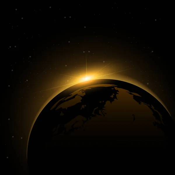 Dawn from space. Dawn from space. Rising sun behind the earth. Vector background.