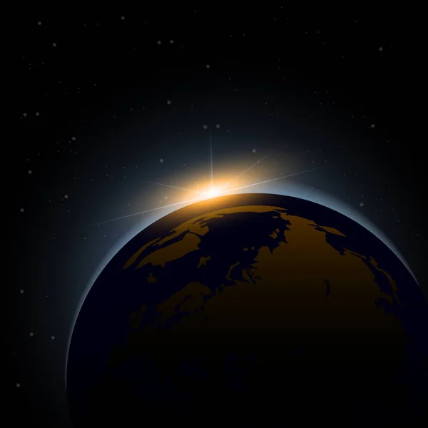 L'aube de l'espace. L'aube de l'espace. Soleil levant derrière la terre. Fond vectoriel. — Image vectorielle