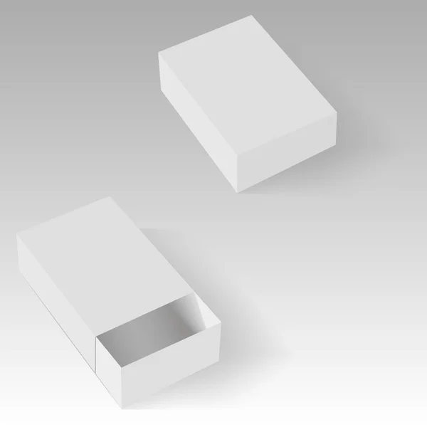 Geöffnete und geschlossene weiße Verpackung geöffnete Schachtel. Vektor — Stockvektor