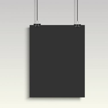 Siyah poster cilt üzerinde asılı. Gri arka plan ile boş kağıt boş kadar sahte. Vektör. 