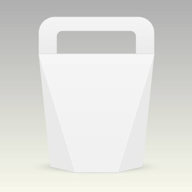 Beyaz karton taşıma gıda, Hediyelik veya kolu ile diğer ürünler için ambalaj kutusu çantası. Vektör tasarımlarınız için hazır şablon kadar sahte
