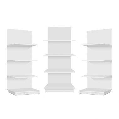 Boş boş vitrin ekran perakende raflarında. Ön sol ve sağ görünüm. Vektör tasarımlarınız için hazır şablon kadar sahte. 