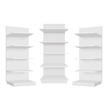 Boş boş vitrin ekran perakende raflarında. Ön sol ve sağ görünüm. Vektör tasarımlarınız için hazır şablon kadar sahte. 