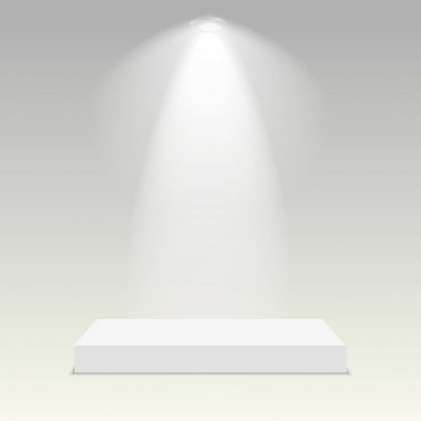 Beyaz podyum. Kaide. Platform. Bir projektör. Vektör çizim