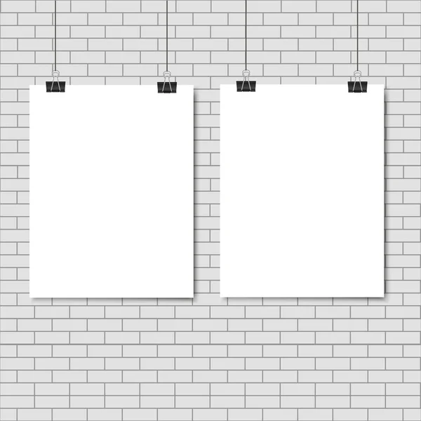 2 つの黒いクリップとスレッドに掛かっているポスター。折り畳まれた紙。ベクトル図 — ストックベクタ